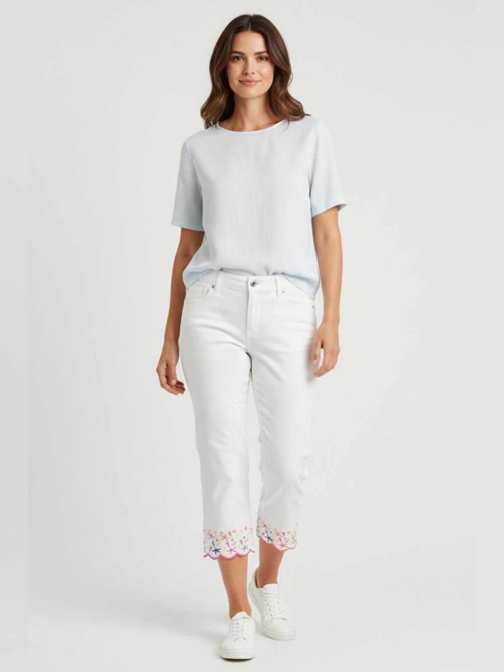 Lulu-B Embroidered Hem Pull On Cropped Pants White Size 10
